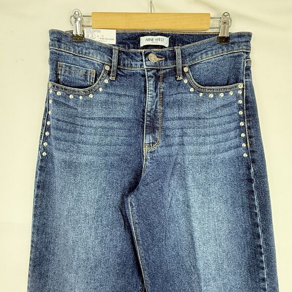 Nine West Wide Leg Jean Size 6 Dark Wash Decorative Studs High Rise Stretch - Picture 7 of 16